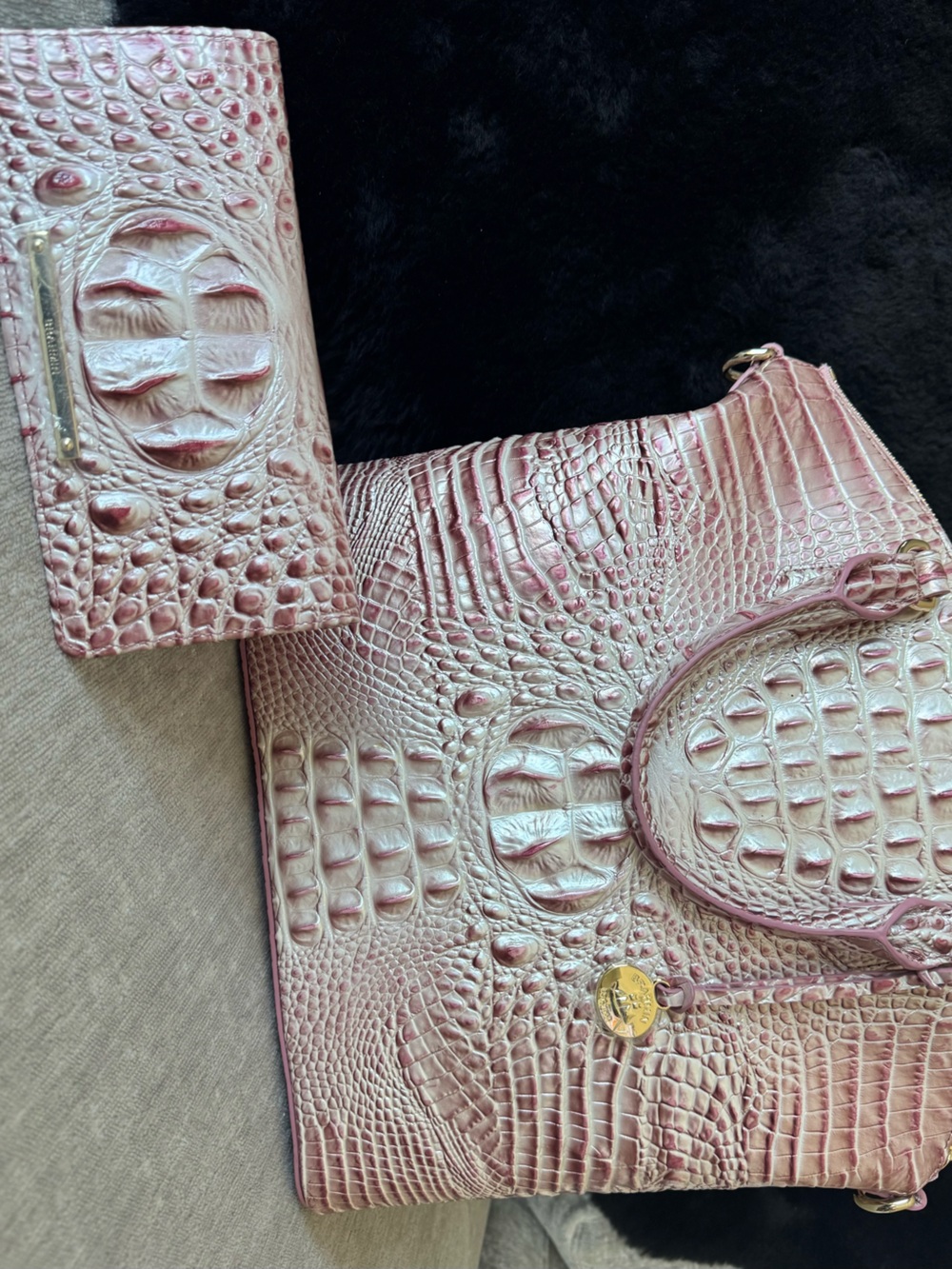 Brahmin Pink Croc-Embossed Satchel with Matching Wallet